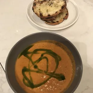 Roasted Vine Ripened Tomato Soup: Brie, basil oil