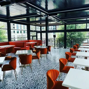 tables and chairs in a restaurant