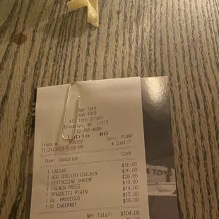 Receipt plain pasta 14$