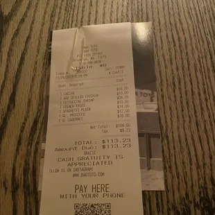 a receipt for a restaurant
