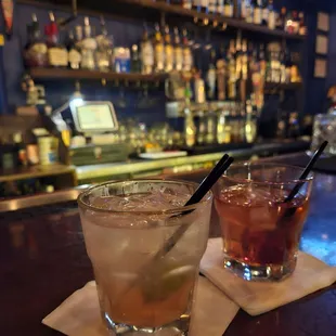 On the Left:  Mezcal Paloma (Grapefuit + Soda), Tajin Rim On the Right:  Bourbon Old Fashioned