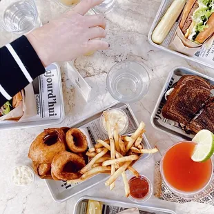 onion rings, fries, mushroom reuben