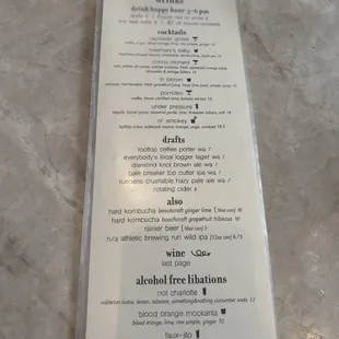 Drinks menu