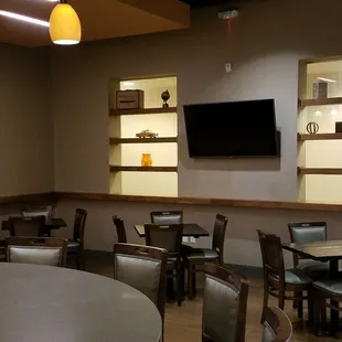 tables and chairs in a restaurant