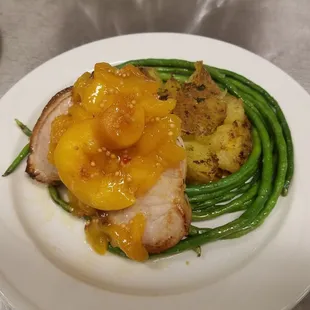Apple-Wood Smoked Pork Chop, Crushed Herb Potatoes, Long Bean