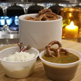 Salted Pretzels served with lemon-garlic and stout mustard
