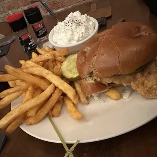 Tenderloin, fries, and cottage cheese