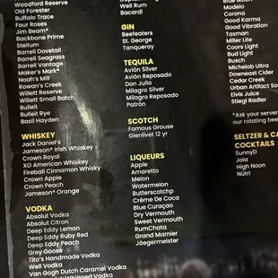 Alcohol menu