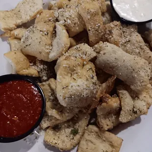 Black truffle puffs, this spicy red sauce is yummy.