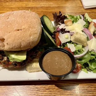Black bean burger and side salad