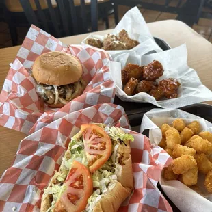 Hawaiian chicken, MUSHROOM &amp; SWISS BURGER, Wings, Gyro Fries, Alfredo Fries