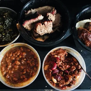 The collard greens, phenomenal beef brisket, Cupcake chicken, Island pit smoked beans, and smokehouse chili..
