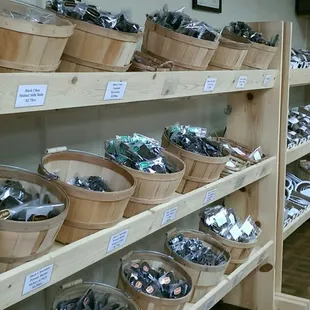baskets of candy on shelves