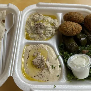 Vegetarian Plate: hummus, babaganoush, tabouli, falafel, grape leaves, and pita