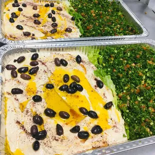 Hummus Tabouleh Salad Chicken Shawarma Eggplant with Red Sauce House salad