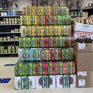 a large stack of sodas