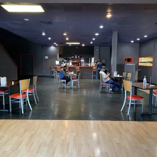 people sitting at tables in a restaurant