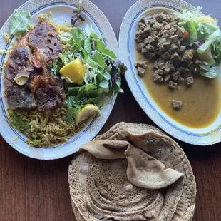 Lamb over rice and beef sauté with Somali bread