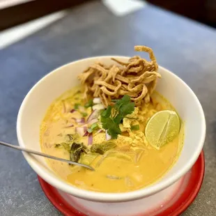 Khao Soi: egg noodles with curry sauce and chicken