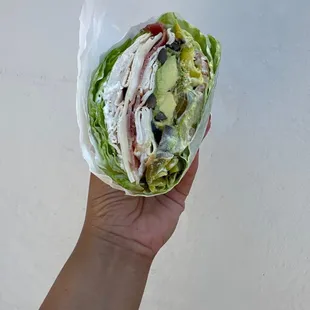 Lettuce wrap, cali club added sprouts, jalapeños, peperoncini , and black olives...subbed Swiss for cheddar...PEFECTION