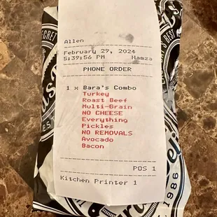 a receipt for a phone order