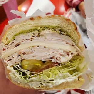 Turkey,  pesto, provolone on Dutch crunch.   So big I couldn't fit it in my mouth in one bite!