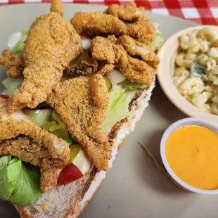 fried chicken sandwich and macaroni salad