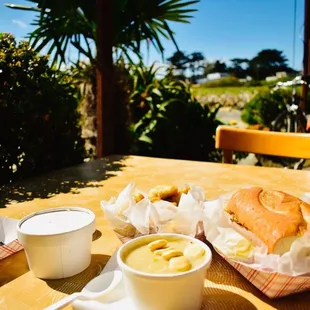 Fish sandwich, fried artichoke and clam chowder