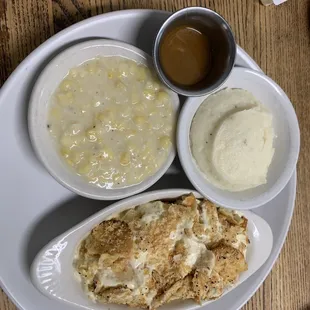 Poppyseed Chicken with mashed potatoes and creamed corn