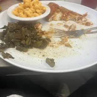 Catfish that was mid. Mac &amp; Cheese that was mid. Greens that were super mid.