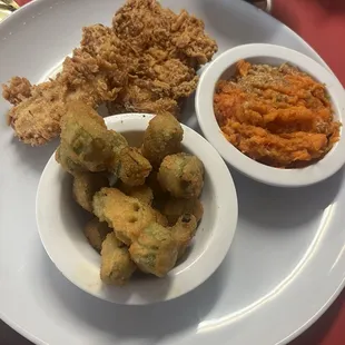 Skillet-Fried Chicken, Sweet potato casserole, fried okra