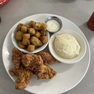 chicken tenders, mashed potatoes, fried okra