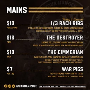 the menu for the barbaric bbq