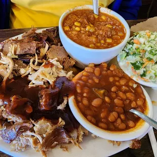 Pork and brisket special either coleslaw, baked beans and some kind of stew