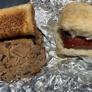 Brisket Breast Sandwich and Smoked Link Sausage Sandwich