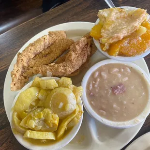 Fried Perch with squash, pinto beans and peach cobbler