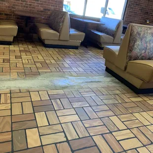 Bare concrete patch job in the dining room