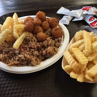Q-Plate, Fries x2, and Hushpuppies