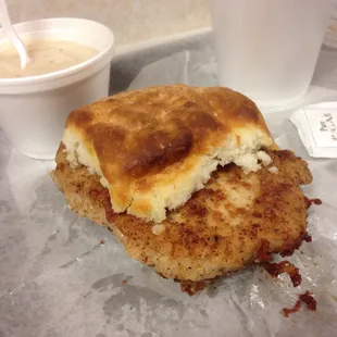 Tenderloin biscuit and side of gravy. Yum!