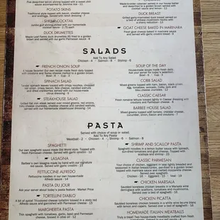 Appetizer, Salad, and Pasta Menu