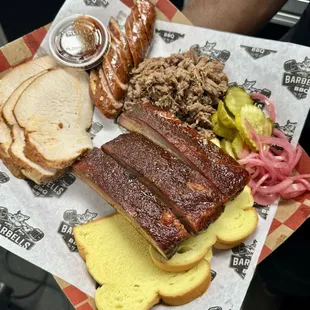 The Okie Trinity (brisket, ribs, &amp; smoked sausage) with an extra side of smoke turkey breast