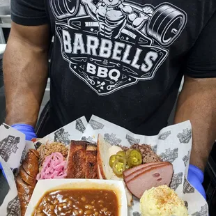 The Fitness Challenge 1/4 lbs each of turkey, ribs, sausage, pulled pork, brisket, bologna, and 3 sides