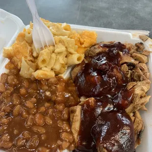 Baked Bean Macaroni and Cheese Chopped BBQ Chicken with 2 Sides