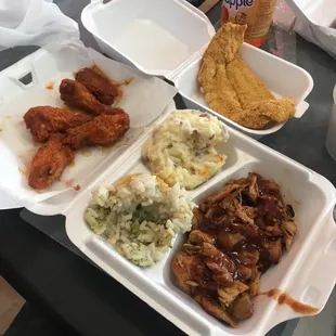 BBQ chicken mash potatoes broccoli and rice casserole hot wings and catfish