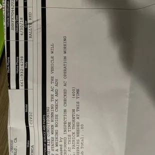 Receipt for service dept.