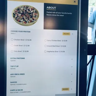 Bowl options on kiosk with price