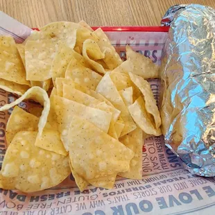 Giant steak burrito comes with a huge quantity of delicious tortilla chips