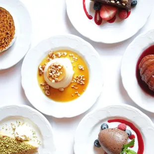 Panna Cotta, Crème Brûlée, Espresso Chocolate Cake, Mousse of Orange Bittersweet Chocolate, Red Wine Poached Pears