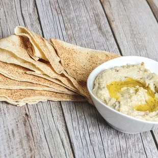 Baba ghannouj, a delicious eggplant dip. Served with pita bread