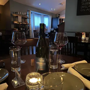 a table with wine glasses and plates